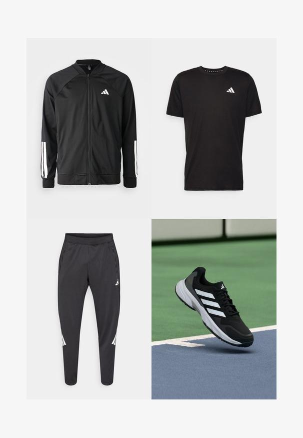 Giacca atletica nera con zip frontale, maniche raglan, logo Adidas bianco e strisce bianche sulle maniche. Tessuto liscio con polsini elasticizzati.; T-shirt in cotone nero con maniche corte, scollo rotondo e logo bianco sul lato sinistro del petto. Texture liscia e design semplice.; Pantaloni atletici neri con gambe affusolate, cintura elastica, tasche laterali e dettagli con logo bianco e strisce. Realizzati in materiale liscio e leggero.; Scarpa da ginnastica nera con strisce bianche, suola in gomma, tomaia in mesh e dettagli grigi, mostrata fluttuante sopra superfici di campo verdi e blu.