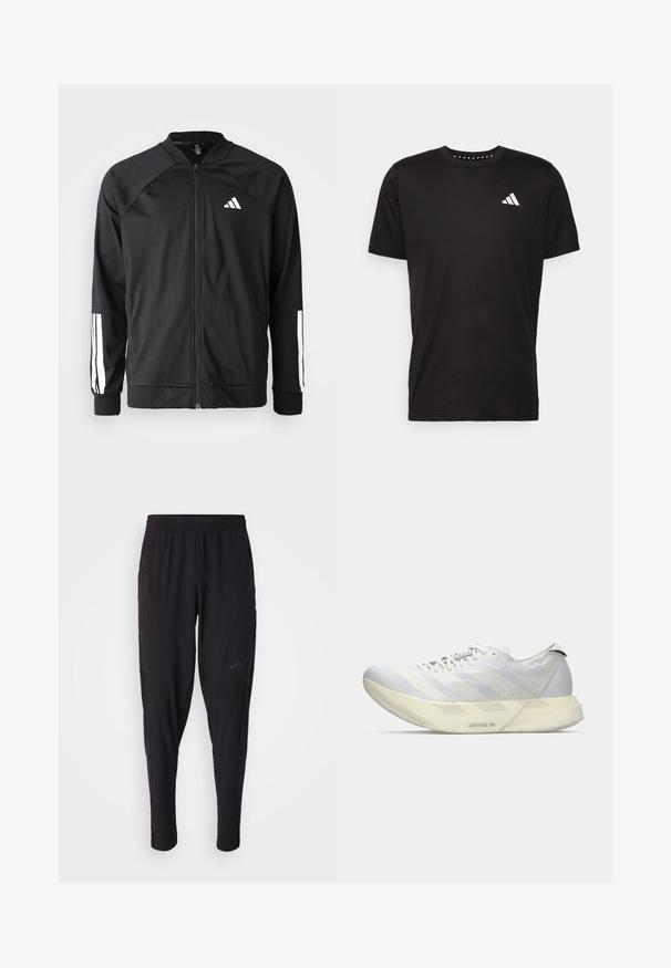 Chaqueta deportiva negra con cremallera frontal, mangas raglán, logo de Adidas en blanco y rayas blancas en las mangas. Tejido suave con puños elásticos.; Camiseta de algodón negra con mangas cortas, cuello redondo y un logo blanco en el lado izquierdo del pecho. Textura suave y diseño sencillo.; Pantalones deportivos negros con cintura elástica, diseño ajustado, bolsillos laterales y un discreto detalle de logo. Fabricados con un material flexible y transpirable.; Zapatilla de correr ligera en blanco y gris con suela gruesa etiquetada "Lightstrike Pro", que presenta un diseño minimalista y cordones en la parte delantera.