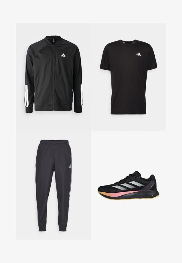 Black athletic jacket with a front zipper, raglan sleeves, white Adidas logo, and white stripes on sleeves. Smooth fabric with elastic cuffs.; Black cotton t-shirt with short sleeves, crew neckline, and a white logo on the left chest. Smooth texture and simple design.; Black athletic pants with an elastic waistband, featuring white stripes along the sides and a small logo on the hip. Smooth texture.; adidas Performance DURAMO SL M - Road running shoes - core black  metalic   spark