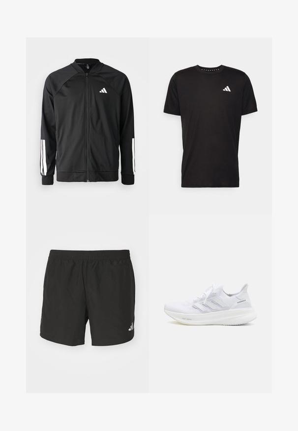 Melna sporta jaka ar priekšējo rāvējslēdzēju, raglanu piedurknēm, baltu Adidas logo un baltām svītrām uz piedurknēm. Gluda auduma sastāvs ar elastīgām aprocēm.; Melna kokvilnas t-krekls ar īsām piedurknēm, apaļu dekoltē un balto logo uz kreisā krūts. Gluda tekstūra un vienkāršs dizains.; Melnas sporta bikses ar elastīgu jostu, sānu šķeltnēm un atstarojošiem logo akcentiem. Izgatavotas no viegla, gluda auduma.; Baltas skriešanas apavas ar faktūrētu adījuma augšdaļu, trim diagonālām svītrām ar logotipu un paraksta mīkstināto zoli, kas apzīmēta ar "Light Boost".