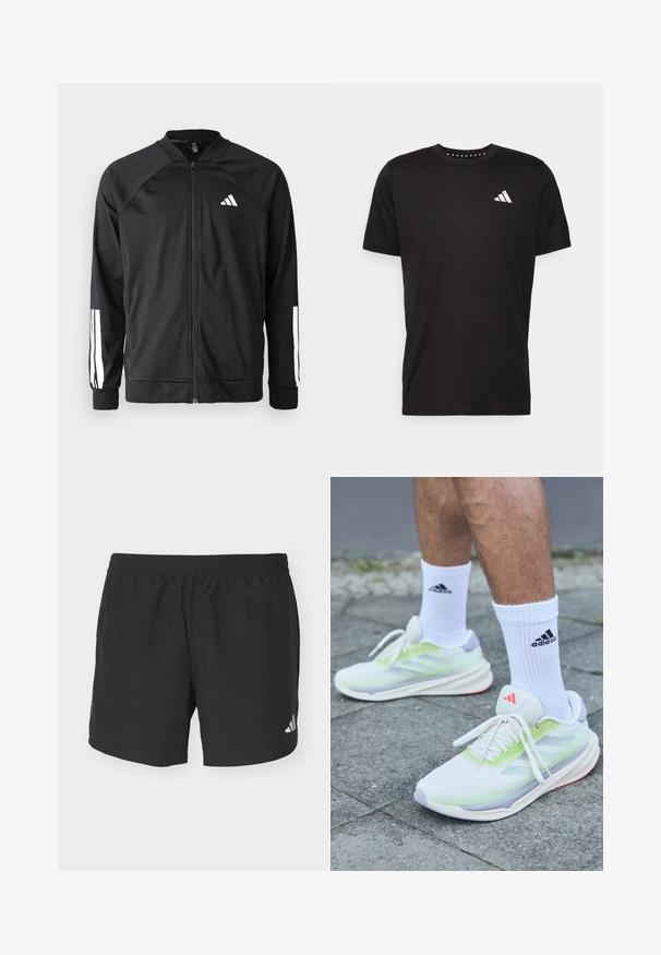 Black athletic jacket with a front zipper, raglan sleeves, white Adidas logo, and white stripes on sleeves. Smooth fabric with elastic cuffs.; Black cotton t-shirt with short sleeves, crew neckline, and a white logo on the left chest. Smooth texture and simple design.; Black athletic shorts with an elastic waistband, side slits, and reflective logo accents. Made of lightweight, smooth fabric.; White mesh athletic shoes with light green and lavender accents, featuring a textured surface and red outsole, paired with white socks.