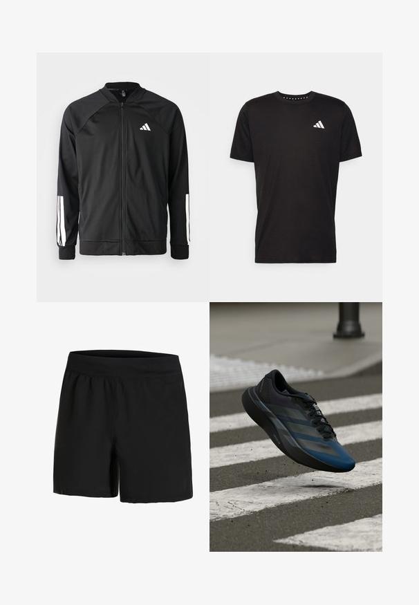 Čierna športová bunda s predným zipsom, raglánovými rukávmi, bielym logom Adidas a bielymi pruhmi na rukávoch. Hladká tkanina s elastickými manžetami.; Čierne bavlnené tričko s krátkymi rukávmi, klasickým výstrihom a bielym logom na ľavej strane hrude. Hladká textúra a jednoduchý dizajn.; Čierne športové šortky s širokým elastickým pásom, hladkou textúrou a bočnými vreckami. Navrhnuté pre pohodlie a voľnosť pohybu.; Čierna a modrá atletická obuv s aerodynamickým dizajnom, vybavená štruktúrovaným zvrškom, kontrastnými pruhmi a pohodlnou podrážkou, ktorá sa vznáša nad asfaltom.