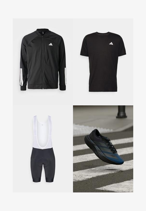 Black athletic jacket with a front zipper, raglan sleeves, white Adidas logo, and white stripes on sleeves. Smooth fabric with elastic cuffs.; Black cotton t-shirt with short sleeves, crew neckline, and a white logo on the left chest. Smooth texture and simple design.; Men's cycling bib shorts made of breathable black fabric, featuring white mesh straps, padded seat, and seamless leg openings.; Black and blue athletic shoe with a streamlined design, featuring a textured upper, contrasting stripes, and a cushioned sole, hovering over pavement.