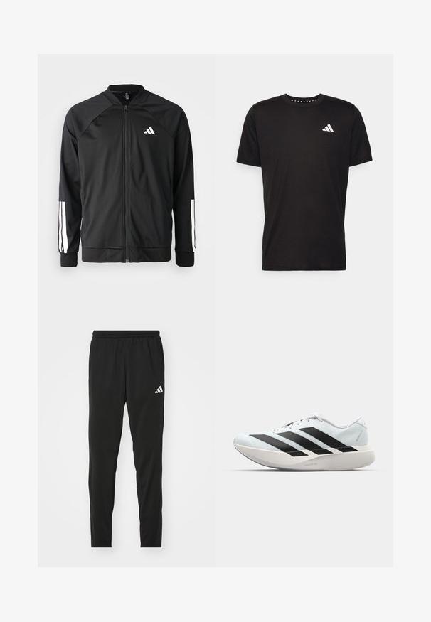 Black athletic jacket with a front zipper, raglan sleeves, white Adidas logo, and white stripes on sleeves. Smooth fabric with elastic cuffs.; Black cotton t-shirt with short sleeves, crew neckline, and a white logo on the left chest. Smooth texture and simple design.; Black athletic pants with an elastic waistband, tapered design, and a white Adidas logo on the left thigh. Smooth, lightweight fabric.; Lightweight running shoes in pale blue with black stripes. Features a smooth upper, round toe, and thick white midsole labeled "LIGHTSTRIKE PRO."
