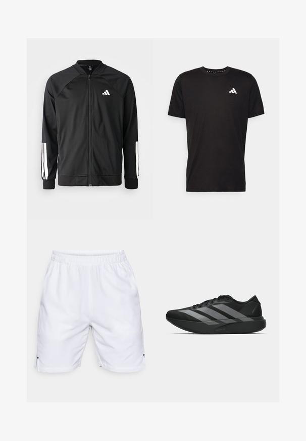 Černá sportovní bunda s předním zipem, raglánovými rukávy, bílým logem Adidas a bílými pruhy na rukávech. Hladká tkanina s elastickými manžetami.; Černé bavlněné tričko s krátkým rukávem, kulatým výstřihem a bílým logem na levé hrudi. Hladká textura a jednoduchý design.; Bílé sportovní kraťasy vyrobené z lehkého materiálu. Mají elastický pas a malé boční větrací otvory na lemu. Bez viditelných vzorů nebo akcentů.; Černé sportovní boty s lehkou konstrukcí, se třemi výraznými šedými pruhy, hladkým povrchem a tvarovanou podrážkou.