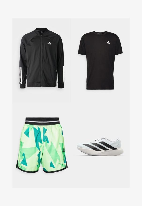 Jachetă sport neagră, cu fermoar frontal, mâneci raglan, logo Adidas alb și dungi albe pe mâneci. Material neted, cu manșete elastice.; Tricou negru din bumbac, cu mâneci scurte, de tip crew neckline, cu un logo alb pe pieptul stâng. Textură netedă și design simplu.; Pantaloni scurți verde lime cu un model geometric teal, având un tiv elastic negru cu dungi albe și accente laterale negre.; Pantofi de alergare ușori în albastru deschis cu dungi negre. Au un superior neted, vârf rotund și o intermediară groasă albă etichetată "LIGHTSTRIKE PRO."