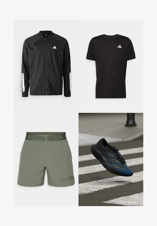 Čierna športová bunda s predným zipsom, raglánovými rukávmi, bielym logom Adidas a bielymi pruhmi na rukávoch. Hladká tkanina s elastickými manžetami.; Čierne bavlnené tričko s krátkymi rukávmi, klasickým výstrihom a bielym logom na ľavej strane hrude. Hladká textúra a jednoduchý dizajn.; Zelené športové šortky vyrobené z ľahkej tkaniny. Majú elastický pás so textom "BJÖRN BORG" a potlačeným logom na ľavej nohe.; Čierna a modrá atletická obuv s aerodynamickým dizajnom, vybavená štruktúrovaným zvrškom, kontrastnými pruhmi a pohodlnou podrážkou, ktorá sa vznáša nad asfaltom.