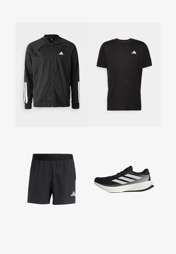 Czarna kurtka sportowa z zamkiem z przodu, raglanowymi rękawami, białym logo Adidas oraz białymi paskami na rękawach. Gładki materiał z elastycznymi mankietami.; Czarna bawełniana koszulka z krótkim rękawem, okrągłym dekoltem i białym logo na lewej piersi. Gładka tekstura i prosty design.; Czarne sportowe szorty z elastycznym paskiem w talii, charakteryzujące się gładką fakturą i odblaskowym białym logo na dolnej lewej stronie.; Czarny but sportowy z siateczkowym wzorem, z białymi paskami, zaokrąglonym noskiem i teksturowaną podeszwą dla lepszej przyczepności i wsparcia.