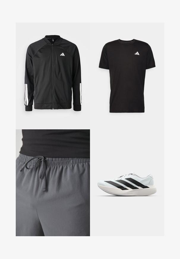 Chaqueta deportiva negra con cremallera frontal, mangas raglán, logo de Adidas en blanco y rayas blancas en las mangas. Tejido suave con puños elásticos.; Camiseta de algodón negra con mangas cortas, cuello redondo y un logo blanco en el lado izquierdo del pecho. Textura suave y diseño sencillo.; Pantalones cortos deportivos grises con cintura ajustable, fabricados en un tejido suave y ligero, y con un corte holgado, aptos para ropa de actividad.; Zapatillas de running ligeras en azul pálido con rayas negras. Presentan una parte superior suave, puntera redonda y una gruesa mediasuela blanca etiquetada como "LIGHTSTRIKE PRO".