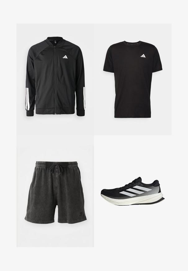 Svart sportjacka med framdraget blixtlås, raglanärmar, vitt Adidas-logotyp och vita ränder på ärmarna. Slät tyg med elastiska mudd.; Svart bomullströja med korta ärmar, rundad halsringning och en vit logotyp på vänster bröst. Slät textur och enkelt design.; Kolgrå shorts i bomullsblandning, med elastisk midja och snörning, samt en liten logotyp på undersidan.; Svart atletisk sko med nätmönster, som har vita ränder, rund tå och en strukturerad sula för grepp och stöd.