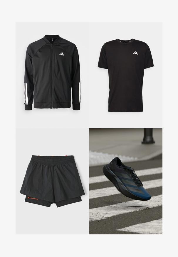 Jachetă sport neagră, cu fermoar frontal, mâneci raglan, logo Adidas alb și dungi albe pe mâneci. Material neted, cu manșete elastice.; Tricou negru din bumbac, cu mâneci scurte, de tip crew neckline, cu un logo alb pe pieptul stâng. Textură netedă și design simplu.; Shorts atletici negri cu talie elastică, căptușeală interioară și panouri laterale perforate. Au branding portocalie în partea inferioară a piciorului.; Pantof sportiv negru și albastru cu un design aerodinamic, având o parte superioară texturată, dungi contrastante și o talpă amortizată, plutind deasupra asfaltului.