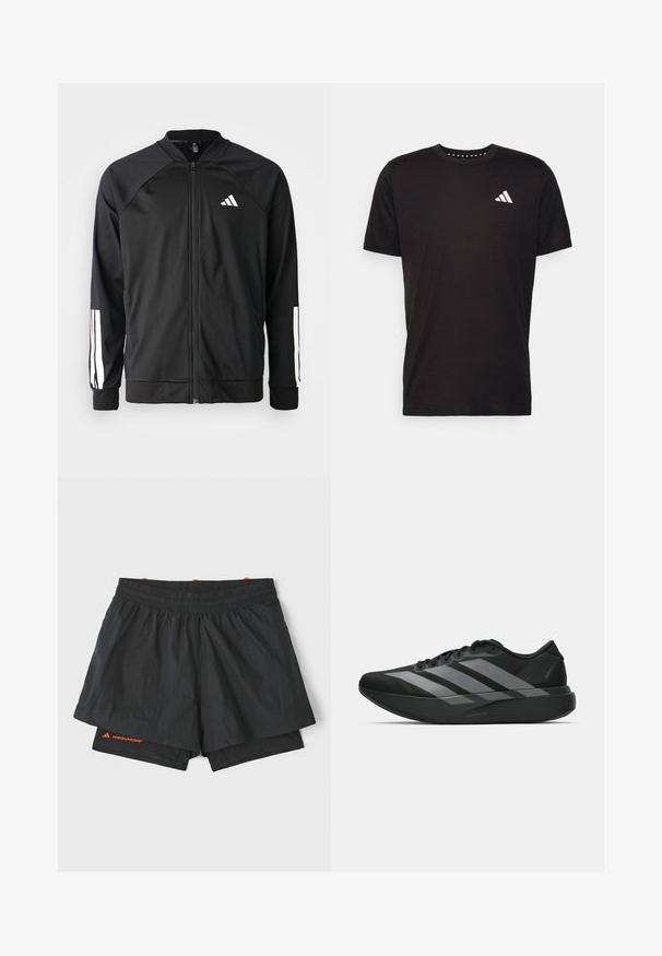 Schwarze Sportjacke mit einem Frontreißverschluss, Raglanärmeln, weißem Adidas-Logo und weißen Streifen an den Ärmeln. Glattes Gewebe mit elastischen Bündchen.; Schwarzes Baumwoll-T-Shirt mit kurzen Ärmeln, Rundhalsausschnitt und einem weißen Logo auf der linken Brust. Glatte Textur und einfaches Design.; Schwarze Sportshorts mit einem elastischen Bund, Innenfutter und perforierten Seitenpaneelen. Mit orangefarbener Markenkennzeichnung am Unterschenkel.; Schwarze Sportschuhe mit einem leichten Design, ausgestattet mit drei auffälligen grauen Streifen, einer glatten Textur und einer konturierten Sohle.