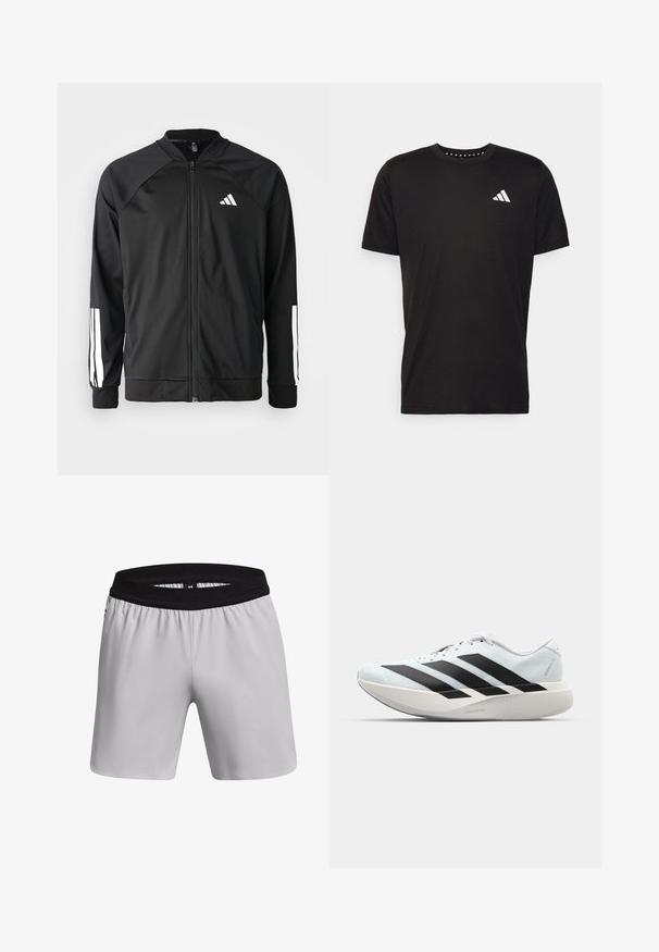 Chaqueta deportiva negra con cremallera frontal, mangas raglán, logo de Adidas en blanco y rayas blancas en las mangas. Tejido suave con puños elásticos.; Camiseta de algodón negra con mangas cortas, cuello redondo y un logo blanco en el lado izquierdo del pecho. Textura suave y diseño sencillo.; Pantalones cortos deportivos de color gris claro con una cinturilla elástica negra, textura suave y un corte holgado. Presenta un logo en el lateral.; Zapatillas de running ligeras en azul pálido con rayas negras. Presentan una parte superior suave, puntera redonda y una gruesa mediasuela blanca etiquetada como "LIGHTSTRIKE PRO".