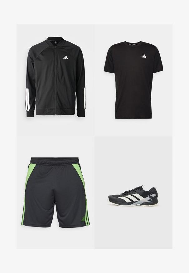 Černá sportovní bunda s předním zipem, raglánovými rukávy, bílým logem Adidas a bílými pruhy na rukávech. Hladká tkanina s elastickými manžetami.; Černé bavlněné tričko s krátkým rukávem, kulatým výstřihem a bílým logem na levé hrudi. Hladká textura a jednoduchý design.; Černé sportovní šortky se zelenými bočními akcenty a pruhy. Vyrobené z lehkého materiálu, s elastickým pasem pro pohodlí.; Černá sportovní obuv s bílými pruhy, síťovaným svrškem, zaoblenou špičkou a polstrovanou podrážkou. Obsahuje texturovanou patu a bezpečný systém šněrování.