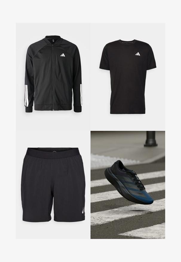 Black athletic jacket with a front zipper, raglan sleeves, white Adidas logo, and white stripes on sleeves. Smooth fabric with elastic cuffs.; Black cotton t-shirt with short sleeves, crew neckline, and a white logo on the left chest. Smooth texture and simple design.; ASICS ROAD SHORT - Sports shorts - performance black; Black and blue athletic shoe with a streamlined design, featuring a textured upper, contrasting stripes, and a cushioned sole, hovering over pavement.