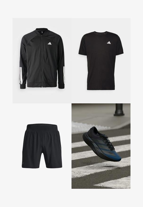 Mustar mustreeritud spordijakk, millel on ees lukuga taskud, raglanvarrukad, valge Adidas logo ja valged triibud varrukatel. Sile kangas elastsete mansettidega.; Must must ka t-särk lühikeste varrukatega, ümmarguse kaelusega ja valge logoga vasakul rinnal. Sile tekstuur ja lihtne disain.; Mustad must sportlikud lühikesed püksid, millel on elastne pael, valmistatud kerge kangast. Omavad sujuvat tekstuuri ja diskreetset logo alumises vasakus nurgas.; Must ja sinine spordijalats voolava disainiga, millel on tekstureeritud üliskihiga, kontrastsed triibud ja pehme tallaga, hõljumas asfaldipinna kohal.