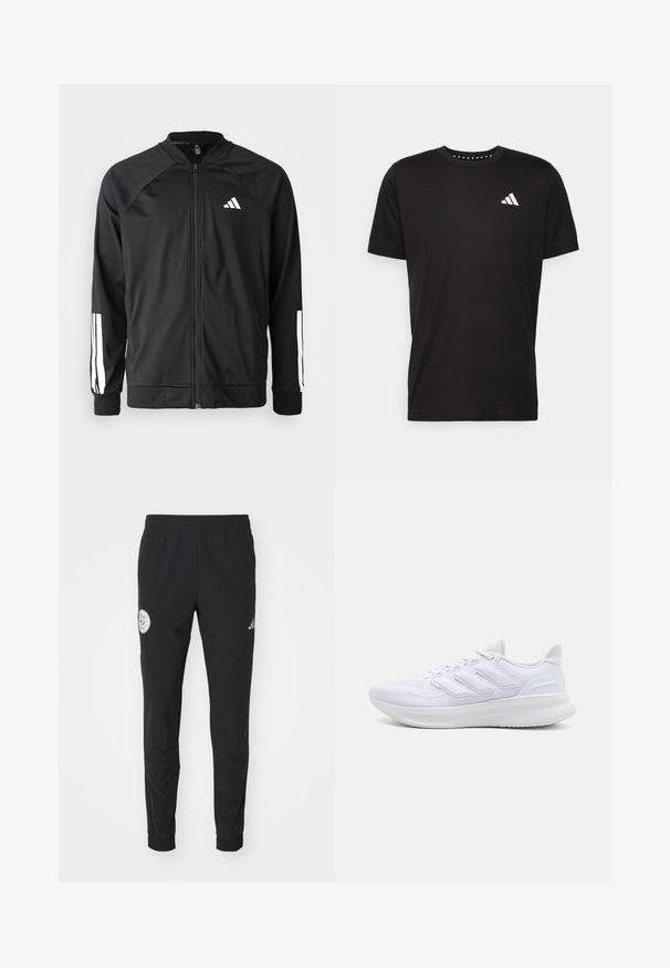 Chaqueta deportiva negra con cremallera frontal, mangas raglán, logo de Adidas en blanco y rayas blancas en las mangas. Tejido suave con puños elásticos.; Camiseta de algodón negra con mangas cortas, cuello redondo y un logo blanco en el lado izquierdo del pecho. Textura suave y diseño sencillo.; Pantalones deportivos negros con cintura elástica, bolsillos con cremallera, piernas ajustadas y un parche circular del logo en el muslo izquierdo.; Zapatillas deportivas blancas con una parte superior de malla texturizada, suela acolchada y soporte, y un diseño de tres rayas en el lateral.