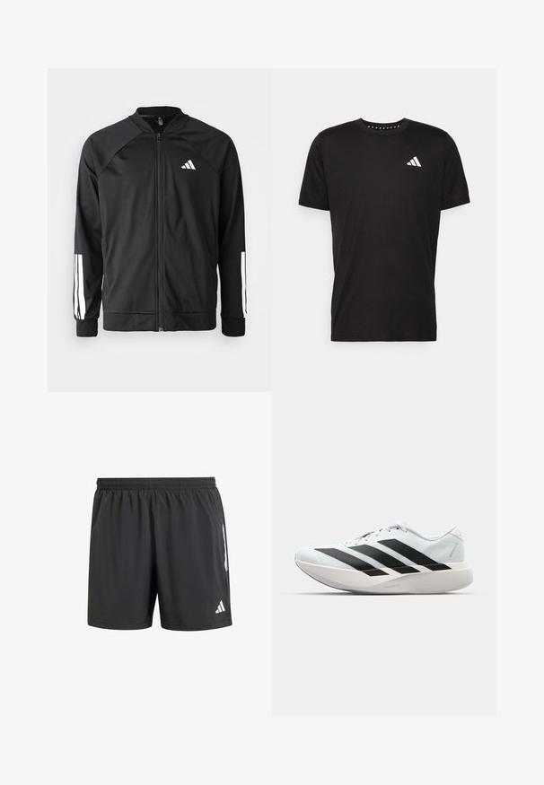 Black athletic jacket with a front zipper, raglan sleeves, white Adidas logo, and white stripes on sleeves. Smooth fabric with elastic cuffs.; Black cotton t-shirt with short sleeves, crew neckline, and a white logo on the left chest. Smooth texture and simple design.; Black athletic shorts featuring an elastic waistband, short inseam, and white logo accents on the sides. Made from lightweight fabric.; Lightweight running shoes in pale blue with black stripes. Features a smooth upper, round toe, and thick white midsole labeled "LIGHTSTRIKE PRO."