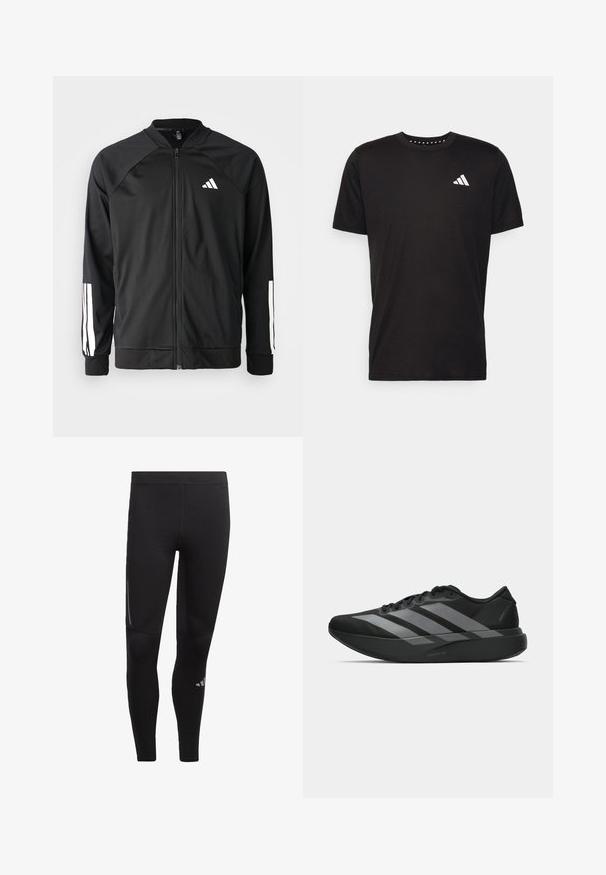Black athletic jacket with a front zipper, raglan sleeves, white Adidas logo, and white stripes on sleeves. Smooth fabric with elastic cuffs.; Black cotton t-shirt with short sleeves, crew neckline, and a white logo on the left chest. Smooth texture and simple design.; Black athletic leggings made of stretchy material, featuring a high waistband, reflective accents, and a logo near the ankle. Smooth texture.; Black athletic shoes with a lightweight design, featuring three prominent gray stripes, a smooth texture, and a contoured sole.