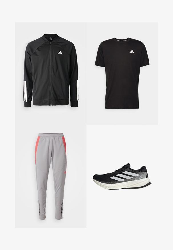 Schwarze Sportjacke mit einem Frontreißverschluss, Raglanärmeln, weißem Adidas-Logo und weißen Streifen an den Ärmeln. Glattes Gewebe mit elastischen Bündchen.; Schwarzes Baumwoll-T-Shirt mit kurzen Ärmeln, Rundhalsausschnitt und einem weißen Logo auf der linken Brust. Glatte Textur und einfaches Design.; Graue Sporthose mit rosa seitlichen Akzenten, slim fit, elastischem Bund und schwarzen vertikalen Streifen nahe den Knöcheln. Hergestellt aus glattem, dehnbarem Material.; Schwarzer Sportschuh mit einem Mesh-Design, ausgestattet mit weißen Streifen, einer runden Zehenpartie und einer strukturierten Sohle für Grip und Unterstützung.