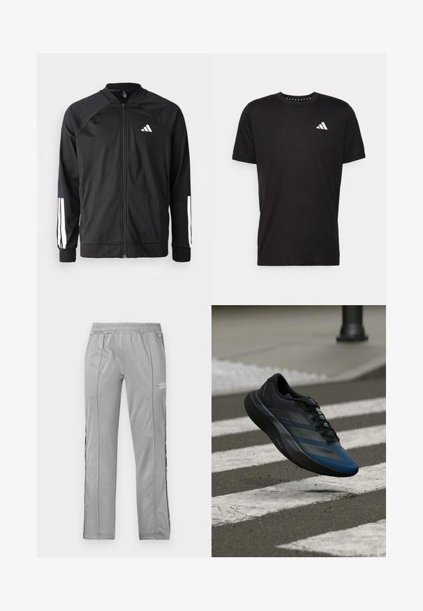 Casaco atlético preto com fecho na frente, mangas raglan, logotipo Adidas branco e riscas brancas nas mangas. Tecido suave com punhos elásticos.; T-shirt de algodão preto com mangas curtas, decote redondo e um logo branco no lado esquerdo do peito. Textura suave e design simples.; Calças de desporto Umbro de cor cinza claro, com cintura elástica e riscas laterais preta e branca, apresentadas sobre um fundo branco.; Tênis atlético preto e azul com design aerodinâmico, apresentando uma parte superior texturizada, riscas contrastantes e uma sola acolchoada, pairando sobre o pavimento.