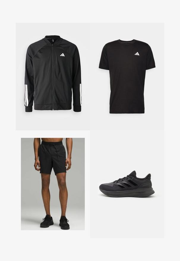 Chaqueta deportiva negra con cremallera frontal, mangas raglán, logo de Adidas en blanco y rayas blancas en las mangas. Tejido suave con puños elásticos.; Camiseta de algodón negra con mangas cortas, cuello redondo y un logo blanco en el lado izquierdo del pecho. Textura suave y diseño sencillo.; Pantalones cortos deportivos negros con una cintura elástica y cordón, cortes a la altura de la rodilla y una textura de tejido suave y ligero.; Zapatilla deportiva negra con parte superior de tela texturizada, suela de goma y tres franjas negras brillantes en el costado. Punta redondeada y talón acolchado.