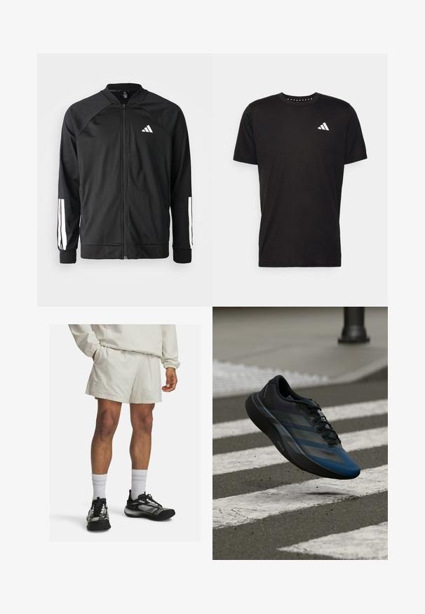 Schwarze Sportjacke mit einem Frontreißverschluss, Raglanärmeln, weißem Adidas-Logo und weißen Streifen an den Ärmeln. Glattes Gewebe mit elastischen Bündchen.; Schwarzes Baumwoll-T-Shirt mit kurzen Ärmeln, Rundhalsausschnitt und einem weißen Logo auf der linken Brust. Glatte Textur und einfaches Design.; Beige Sportshorts mit einem elastischen Bund und seitlichen Taschen, kombiniert mit schwarz-grauen Sportschuhen und weißen Crew-Socken.; Schwarz-blauer Sportschuh mit stromlinienförmigem Design, ausgestattet mit einer strukturierten Oberseite, kontrastierenden Streifen und einer gepolsterten Sohle, schwebt über dem Pflaster.