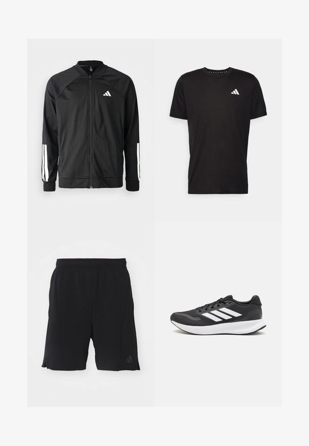 Černá sportovní bunda s předním zipem, raglánovými rukávy, bílým logem Adidas a bílými pruhy na rukávech. Hladká tkanina s elastickými manžetami.; Černé bavlněné tričko s krátkým rukávem, kulatým výstřihem a bílým logem na levé hrudi. Hladká textura a jednoduchý design.; Černé sportovní šortky vyrobené z lehkého materiálu s elastickým pasem. Obsahují postranní rozparky a jemnou logo akcentaci na levé noze.; Černá sportovní obuv s prodyšným síťovaným svrškem, bílými akcenty a polstrovanou podrážkou. Na boku se nachází logo se třemi pruhy.