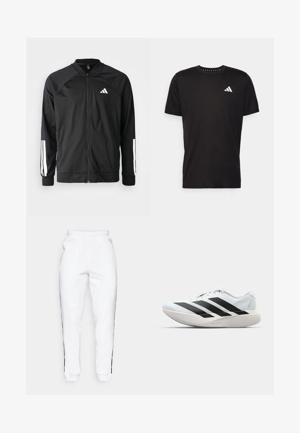 Casaco atlético preto com fecho na frente, mangas raglan, logotipo Adidas branco e riscas brancas nas mangas. Tecido suave com punhos elásticos.; T-shirt de algodão preto com mangas curtas, decote redondo e um logo branco no lado esquerdo do peito. Textura suave e design simples.; Calças de treino brancas com cintura elástica, apresentando riscas pretas nas laterais e punhos. Feitas de um tecido suave com uma textura lisa.; Tênis de corrida leves em azul pálido com riscas pretas. Apresentam um cabedal liso, bico redondo e uma entressola espessa branca rotulada como "LIGHTSTRIKE PRO."