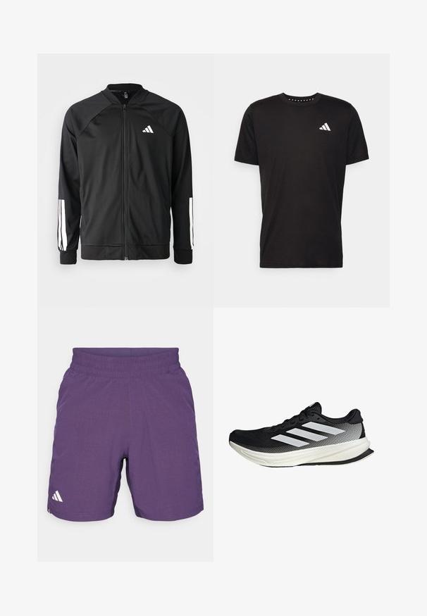 Veste de sport noire avec fermeture éclair à l'avant, manches raglan, logo Adidas blanc et bandes blanches sur les manches. Tissu lisse avec des poignets élastiques.; T-shirt en coton noir à manches courtes, décolleté rond et logo blanc sur la poitrine gauche. Texture lisse et design simple.; Shorts de sport violets fabriqués en tissu respirant, dotés d'une taille élastique et d'un accent logo blanc sur le côté gauche.; Chaussure de sport noire avec un design en maille, ornée de rayures blanches, à bout arrondi et avec une semelle texturée pour une meilleure adhérence et un soutien accru.
