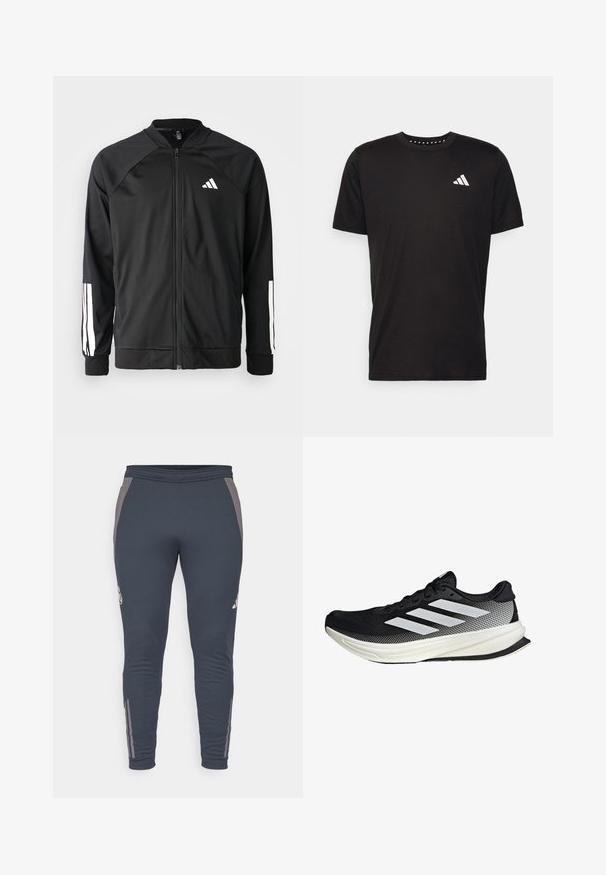 Schwarze Sportjacke mit einem Frontreißverschluss, Raglanärmeln, weißem Adidas-Logo und weißen Streifen an den Ärmeln. Glattes Gewebe mit elastischen Bündchen.; Schwarzes Baumwoll-T-Shirt mit kurzen Ärmeln, Rundhalsausschnitt und einem weißen Logo auf der linken Brust. Glatte Textur und einfaches Design.; adidas Performance REAL MADRID EU TRAINING PANT - Vereinsmannschaften - dark grey/charcoal/putty mauve; Schwarzer Sportschuh mit einem Mesh-Design, ausgestattet mit weißen Streifen, einer runden Zehenpartie und einer strukturierten Sohle für Grip und Unterstützung.