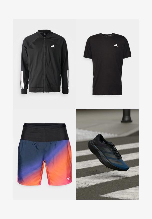 Black athletic jacket with a front zipper, raglan sleeves, white Adidas logo, and white stripes on sleeves. Smooth fabric with elastic cuffs.; Black cotton t-shirt with short sleeves, crew neckline, and a white logo on the left chest. Smooth texture and simple design.; Men's athletic shorts featuring a gradient design from navy blue to orange, with a black waistband and smooth, lightweight fabric.; Black and blue athletic shoe with a streamlined design, featuring a textured upper, contrasting stripes, and a cushioned sole, hovering over pavement.