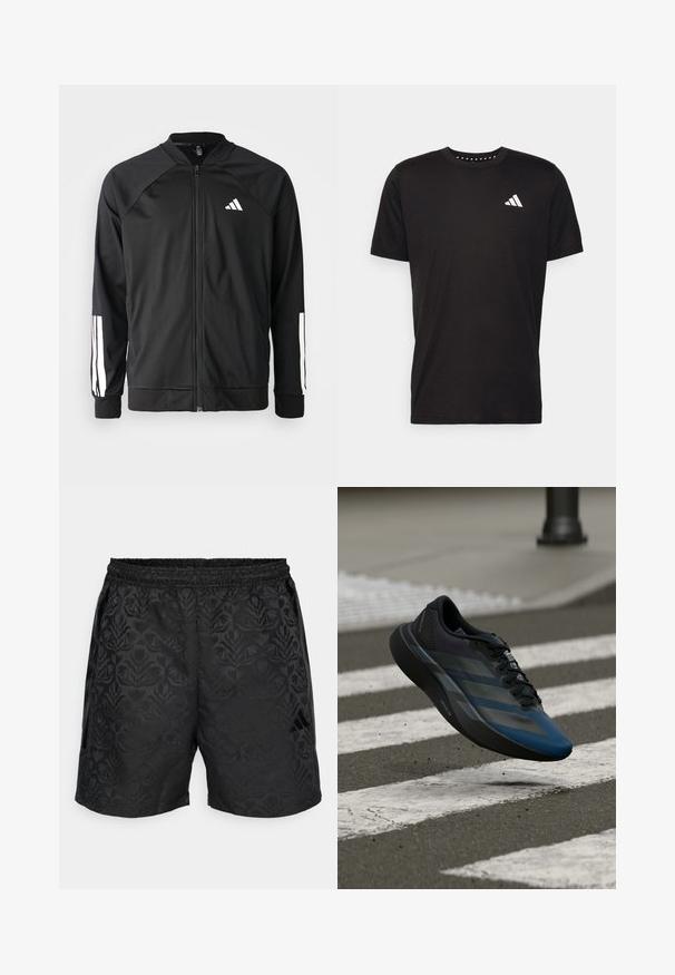 Casaco atlético preto com fecho na frente, mangas raglan, logotipo Adidas branco e riscas brancas nas mangas. Tecido suave com punhos elásticos.; T-shirt de algodão preto com mangas curtas, decote redondo e um logo branco no lado esquerdo do peito. Textura suave e design simples.; Calções pretos com um padrão floral texturizado, cintura elástica, bolsos laterais e um pequeno logótipo no canto inferior direito.; Tênis atlético preto e azul com design aerodinâmico, apresentando uma parte superior texturizada, riscas contrastantes e uma sola acolchoada, pairando sobre o pavimento.