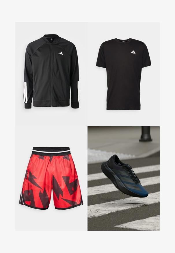 Giacca atletica nera con zip frontale, maniche raglan, logo Adidas bianco e strisce bianche sulle maniche. Tessuto liscio con polsini elasticizzati.; T-shirt in cotone nero con maniche corte, scollo rotondo e logo bianco sul lato sinistro del petto. Texture liscia e design semplice.; Pantaloni sportivi rossi con un motivo astratto nero, vita elastica con strisce bianche e nere, realizzati in materiale lucido e leggero.; Scarpa sportiva nera e blu con un design aerodinamico, presenta una tomaia testurizzata, strisce a contrasto e una suola ammortizzata, sospesa sopra l'asfalto.