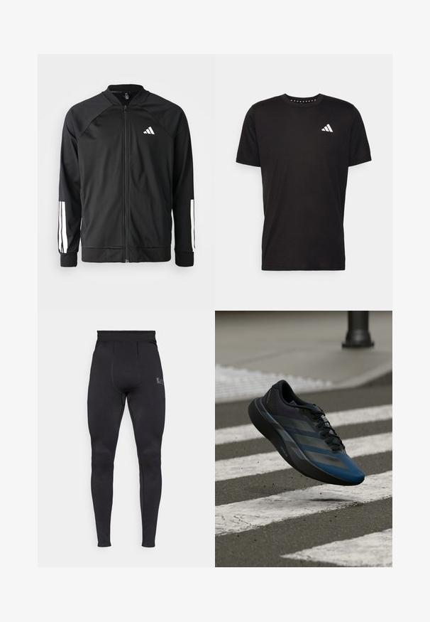 Czarna kurtka sportowa z zamkiem z przodu, raglanowymi rękawami, białym logo Adidas oraz białymi paskami na rękawach. Gładki materiał z elastycznymi mankietami.; Czarna bawełniana koszulka z krótkim rękawem, okrągłym dekoltem i białym logo na lewej piersi. Gładka tekstura i prosty design.; Czarne legginsy sportowe z teksturowanym panelem, wysokim stanem i dopasowanym krojem. Posiadają subtelne logo na górnej części nogawki.; Czarno-niebieski but sportowy o aerodynamicznym kształcie, z teksturowaną cholewką, kontrastowymi paskami i amortyzowaną podeszwą, zawieszony nad chodnikiem.