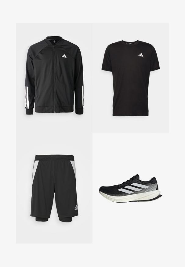 Crna sportska jakna s prednjim zatvaračem, raglan rukavima, bijelim Adidas logom i bijelim prugama na rukavima. Glatka tkanina s elastičnim manžetama.; Crna pamučna majica s kratkim rukavima, okruglim izrezom i bijelim logotipom na lijevoj strani prsnog koša. Glatka tekstura i jednostavan dizajn.; Crne atletske kratke hlače s laganom tkaninom, bijelim bočnim panelima, elastičnim pojasom i reflektirajućim logotipom na donjem lijevom dijelu.; Crna atletska cipela s mrežastim dizajnom, koja ima bijele pruge, zaobljeni vrh i teksturiranu potplate za prianjanje i potporu.