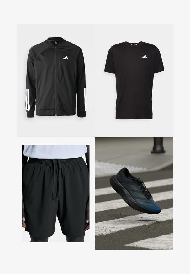 Black athletic jacket with a front zipper, raglan sleeves, white Adidas logo, and white stripes on sleeves. Smooth fabric with elastic cuffs.; Black cotton t-shirt with short sleeves, crew neckline, and a white logo on the left chest. Smooth texture and simple design.; Black athletic shorts with an elastic waistband and drawstring. Features smooth texture and side pockets, tailored for comfort and mobility.; Black and blue athletic shoe with a streamlined design, featuring a textured upper, contrasting stripes, and a cushioned sole, hovering over pavement.