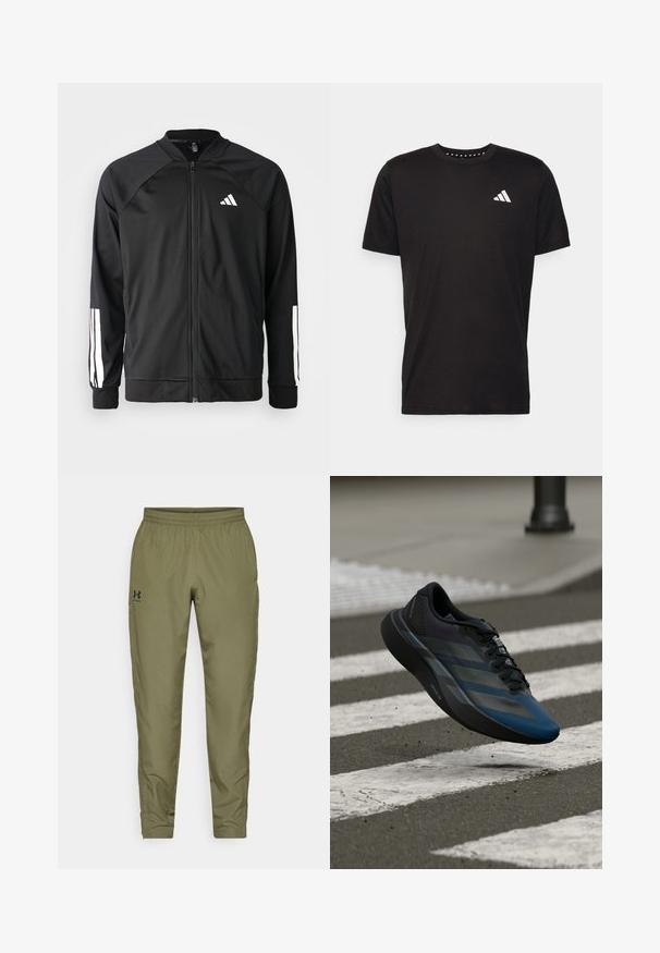 Svart treningsjakke med frontglidelås, raglanermer, hvit Adidas-logo og hvite striper på ermene. Glatt stoff med elastiske mansjetter.; Svart bomulls t-skjorte med korte ermer, rund hals og en hvit logo på venstre bryst. Glatt tekstur og enkelt design.; Olivengrønne treningsbukser med elastisk midjebånd, smale ben, en glatt tekstur og en liten svart logo på venstre side.; Svart og blå atletisk sko med en strømlinjeformet utforming, som har en teksturert overdel, kontrasterende striper og en polstret såle, svevende over fortauet.