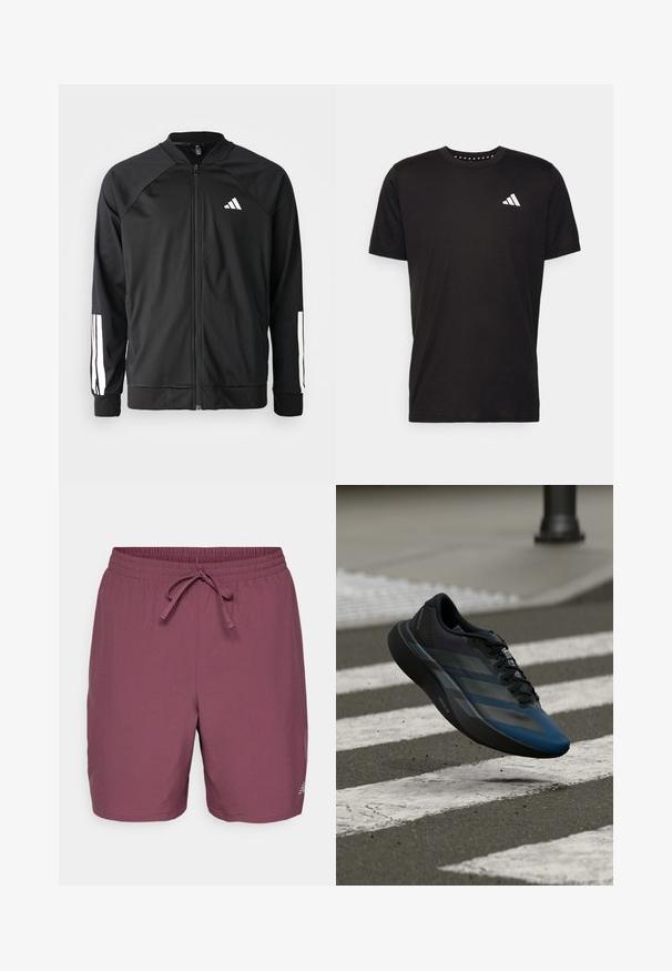 Črna atletska jakna z zadrgo spredaj, raglan rokavi, belo Adidas logo in bele črte na rokavih. Gladek material z elastičnimi manšetami.; Črna bombažna majica s kratkimi rokavi, okroglim izrezom in belim logotipom na levem prsnem predelu. Gladka tekstura in preprost dizajn.; Bordo kopalke iz lahkega materiala, z elastičnim pasom in vrvico. Majhen logotip na spodnji strani.; Črno in modro atletsko čevlje z aerodinamičnim dizajnom, teksturirano zgornjo plastjo, kontrastnimi črtami ter oblazinjeno podplatom, ki lebdi nad asfaltom.