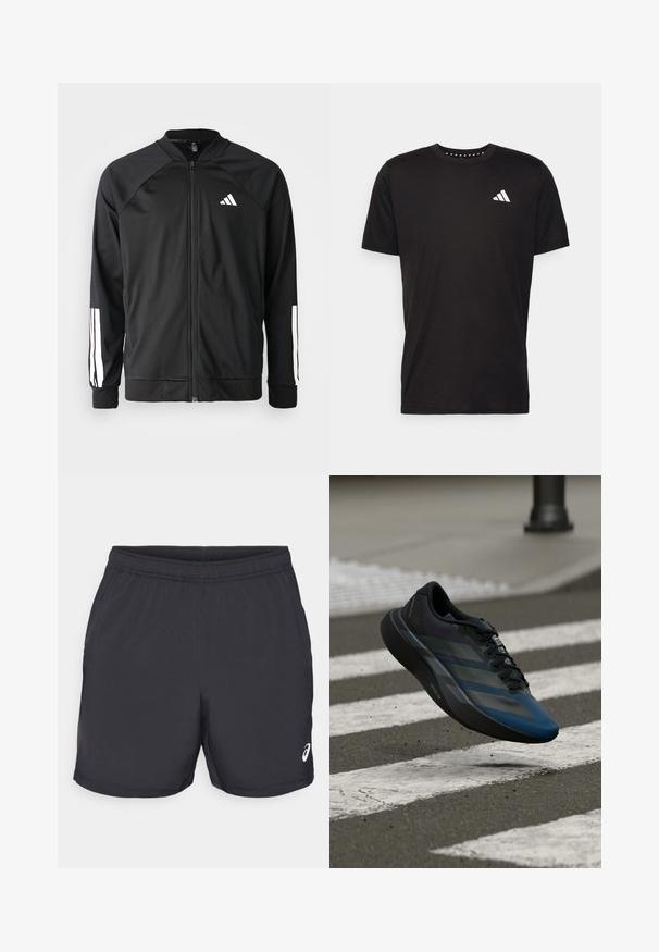 Črna atletska jakna z zadrgo spredaj, raglan rokavi, belo Adidas logo in bele črte na rokavih. Gladek material z elastičnimi manšetami.; Črna bombažna majica s kratkimi rokavi, okroglim izrezom in belim logotipom na levem prsnem predelu. Gladka tekstura in preprost dizajn.; Črne športne kratke hlače iz lahkega materiala. Imajo elastičen pas in logotip na spodnji desni strani.; Črno in modro atletsko čevlje z aerodinamičnim dizajnom, teksturirano zgornjo plastjo, kontrastnimi črtami ter oblazinjeno podplatom, ki lebdi nad asfaltom.
