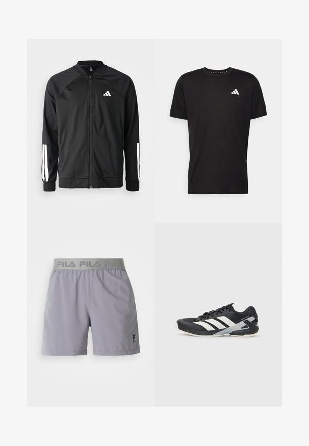 Svart treningsjakke med frontglidelås, raglanermer, hvit Adidas-logo og hvite striper på ermene. Glatt stoff med elastiske mansjetter.; Svart bomulls t-skjorte med korte ermer, rund hals og en hvit logo på venstre bryst. Glatt tekstur og enkelt design.; Lys grå treningsshorts laget av et glatt stoff, med en elastisk midje og "FILA"-merke samt et lite logo-patch på siden.; Svart treningssko med hvite striper, mesh-overdel, avrundet tå og polstret såle. Har en teksturert hæl og et sikkert snøresystem.