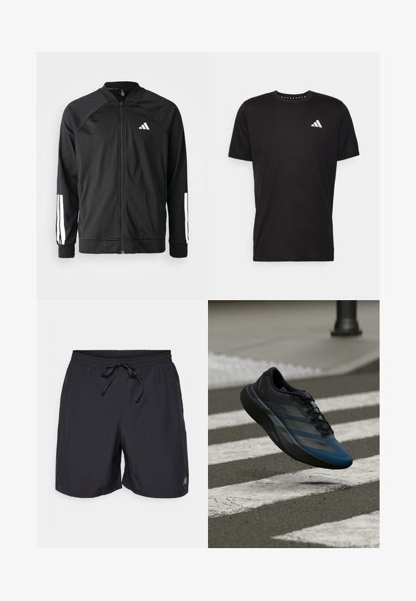 Chaqueta deportiva negra con cremallera frontal, mangas raglán, logo de Adidas en blanco y rayas blancas en las mangas. Tejido suave con puños elásticos.; Camiseta de algodón negra con mangas cortas, cuello redondo y un logo blanco en el lado izquierdo del pecho. Textura suave y diseño sencillo.; Pantalones cortos negros con cintura elástica y cordón ajustable, y pequeño logo reflectante en la pierna izquierda.; Zapato deportivo negro y azul con un diseño aerodinámico, que presenta una parte superior texturizada, franjas contrastantes y una suela acolchada, flotando sobre el pavimento.