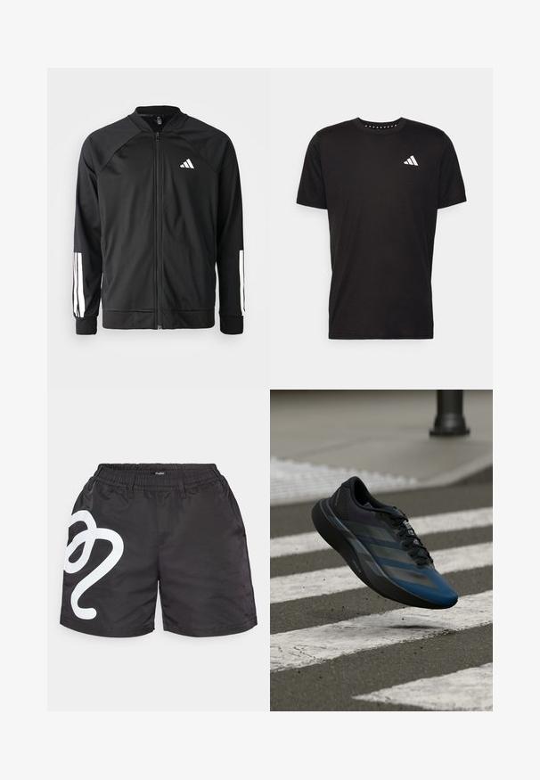 Melna sporta jaka ar priekšējo rāvējslēdzēju, raglanu piedurknēm, baltu Adidas logo un baltām svītrām uz piedurknēm. Gluda auduma sastāvs ar elastīgām aprocēm.; Melna kokvilnas t-krekls ar īsām piedurknēm, apaļu dekoltē un balto logo uz kreisā krūts. Gluda tekstūra un vienkāršs dizains.; Melni sporta šorti, kas izgatavoti no viegla auduma, ar elastīgu jostu un lielu baltu grafisko dizainu uz kreisā kājas.; Melns un zils sporta apavu ar aerodinamisku dizainu, tam ir teksturēta virsma, kontrastējošas svītras un amortizējoša zolīte, kas peld virs ietves.