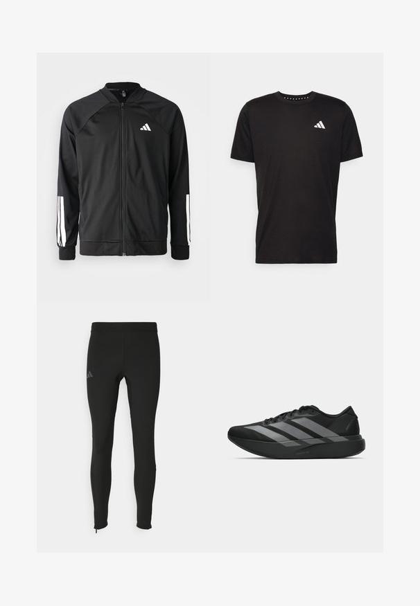 Giacca atletica nera con zip frontale, maniche raglan, logo Adidas bianco e strisce bianche sulle maniche. Tessuto liscio con polsini elasticizzati.; T-shirt in cotone nero con maniche corte, scollo rotondo e logo bianco sul lato sinistro del petto. Texture liscia e design semplice.; Leggings athletic neri con un design aderente, realizzati in materiale elasticizzato. Presentano un logo discreto e zip alla caviglia per facilitare l'indossamento.; Scarpe sportive nere con un design leggero, caratterizzate da tre strisce grigie prominenti, una superficie liscia e una suola sagomata.