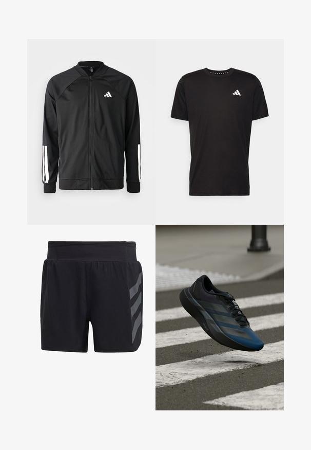 Mustar mustreeritud spordijakk, millel on ees lukuga taskud, raglanvarrukad, valge Adidas logo ja valged triibud varrukatel. Sile kangas elastsete mansettidega.; Must must ka t-särk lühikeste varrukatega, ümmarguse kaelusega ja valge logoga vasakul rinnal. Sile tekstuur ja lihtne disain.; adidas Terrex TERREX AGRAVIC TRAIL RUNNING SHORTS - Spordišortsid - black; Must ja sinine spordijalats voolava disainiga, millel on tekstureeritud üliskihiga, kontrastsed triibud ja pehme tallaga, hõljumas asfaldipinna kohal.