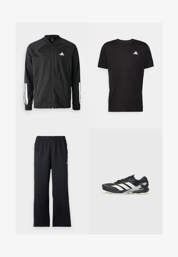 Casaco atlético preto com fecho na frente, mangas raglan, logotipo Adidas branco e riscas brancas nas mangas. Tecido suave com punhos elásticos.; T-shirt de algodão preto com mangas curtas, decote redondo e um logo branco no lado esquerdo do peito. Textura suave e design simples.; Calças de desporto pretas feitas de tecido elástico, com uma cintura elástica e detalhes laterais. Design de perna reta com um discreto logótipo.; Sapata atlética preta com riscas brancas, parte superior em malha, biqueira arredondada e sola acolchoada. Apresenta um calcanhar texturizado e um sistema de atacadores seguro.