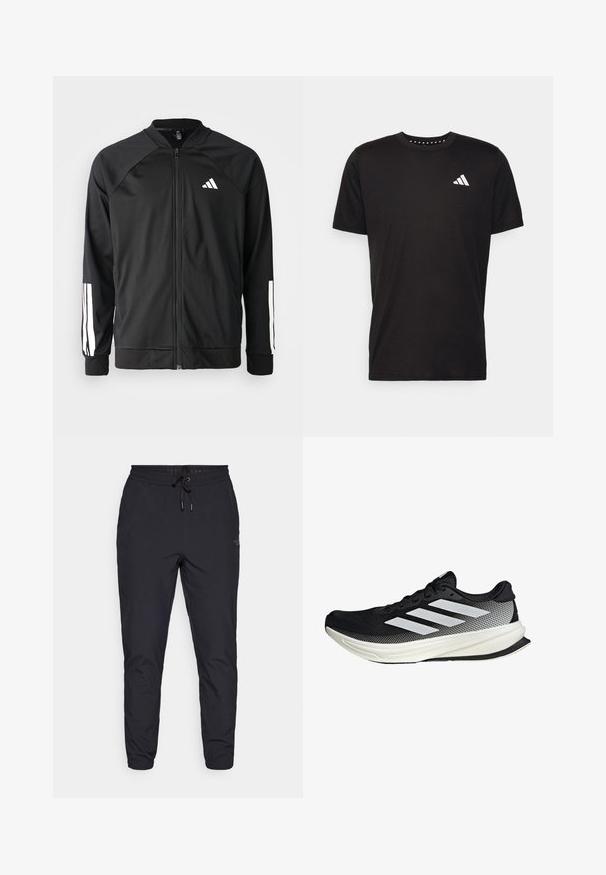 Zwarte sportjack met een rits aan de voorkant, raglanmouwen, wit Adidas-logo en witte strepen op de mouwen. Gladde stof met elastische manchetten.; Zwarte katoenen t-shirt met korte mouwen, ronde hals en een wit logo op de linkerkant van de borst. Gladde textuur en eenvoudig ontwerp.; Zwarte joggers gemaakt van lichtgewicht materiaal, met een verstelbare tailleband, taps toelopende benen en een klein logo detail aan de zijkant.; Zwarte sportieve schoen met een mesh ontwerp, voorzien van witte strepen, een ronde neus en een gestructureerde zool voor grip en ondersteuning.