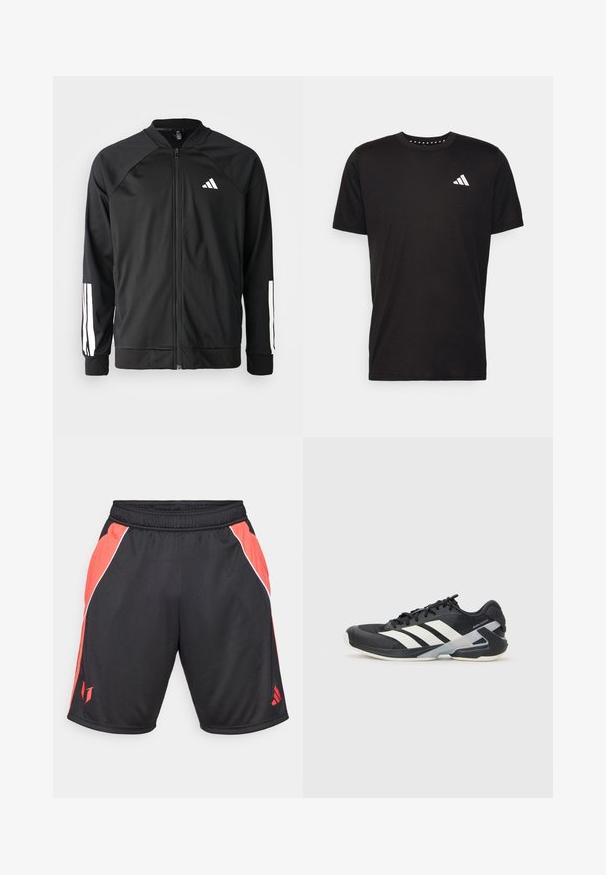 Čierna športová bunda s predným zipsom, raglánovými rukávmi, bielym logom Adidas a bielymi pruhmi na rukávoch. Hladká tkanina s elastickými manžetami.; Čierne bavlnené tričko s krátkymi rukávmi, klasickým výstrihom a bielym logom na ľavej strane hrude. Hladká textúra a jednoduchý dizajn.; Čierne športové šortky s červenými bočnými panelmi, bielym akcentovaním, elastickým pásom a logom na dolnej ľavej nohe.; Čierna športová obuv s bielymi pruhmi, sieťovinový zvršok, zaoblená špička a polstrovaná podrážka. Obsahuje štruktúrovaný opätok a bezpečný systém šnurovania.