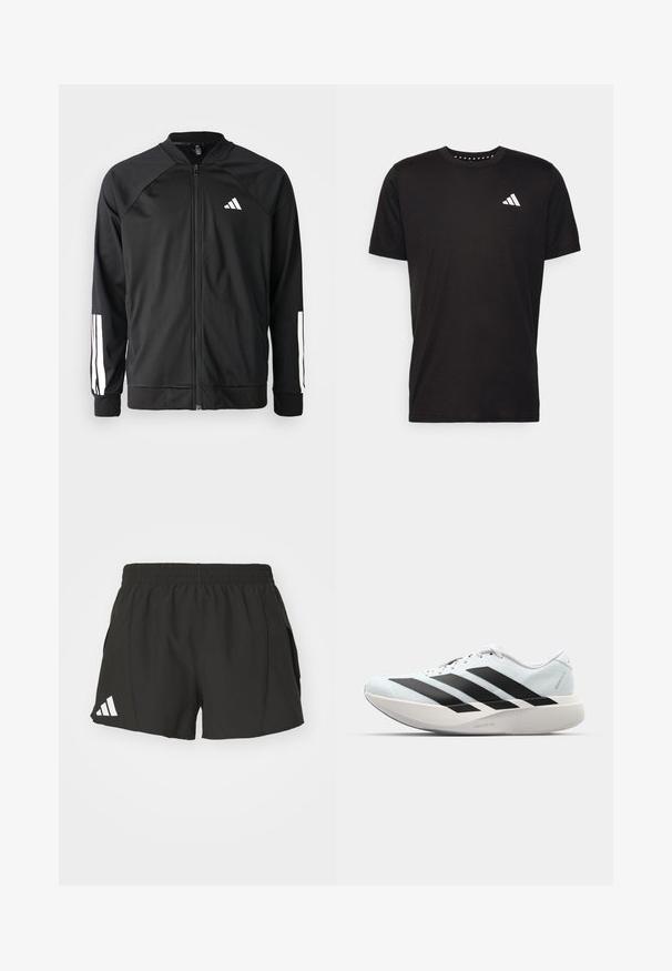 Black athletic jacket with a front zipper, raglan sleeves, white Adidas logo, and white stripes on sleeves. Smooth fabric with elastic cuffs.; Black cotton t-shirt with short sleeves, crew neckline, and a white logo on the left chest. Smooth texture and simple design.; Black athletic shorts made of lightweight material, featuring an elastic waistband, side pockets, and a white Adidas logo on the left leg.; Lightweight running shoes in pale blue with black stripes. Features a smooth upper, round toe, and thick white midsole labeled "LIGHTSTRIKE PRO."
