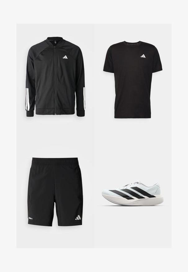 Veste de sport noire avec fermeture éclair à l'avant, manches raglan, logo Adidas blanc et bandes blanches sur les manches. Tissu lisse avec des poignets élastiques.; T-shirt en coton noir à manches courtes, décolleté rond et logo blanc sur la poitrine gauche. Texture lisse et design simple.; Shorts de sport noirs en matière légère, dotés d'une taille élastique, de poches latérales et d'un logo réfléchissant sur une jambe.; Baskets de course légères en bleu pâle avec des rayures noires. Elles présentent un dessus lisse, un embout rond et une semelle intermédiaire blanche épaisse étiquetée "LIGHTSTRIKE PRO".